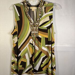 Michael Kors Women’s Sleeveless Top L Geometric Retro Print Green Brown Yellow